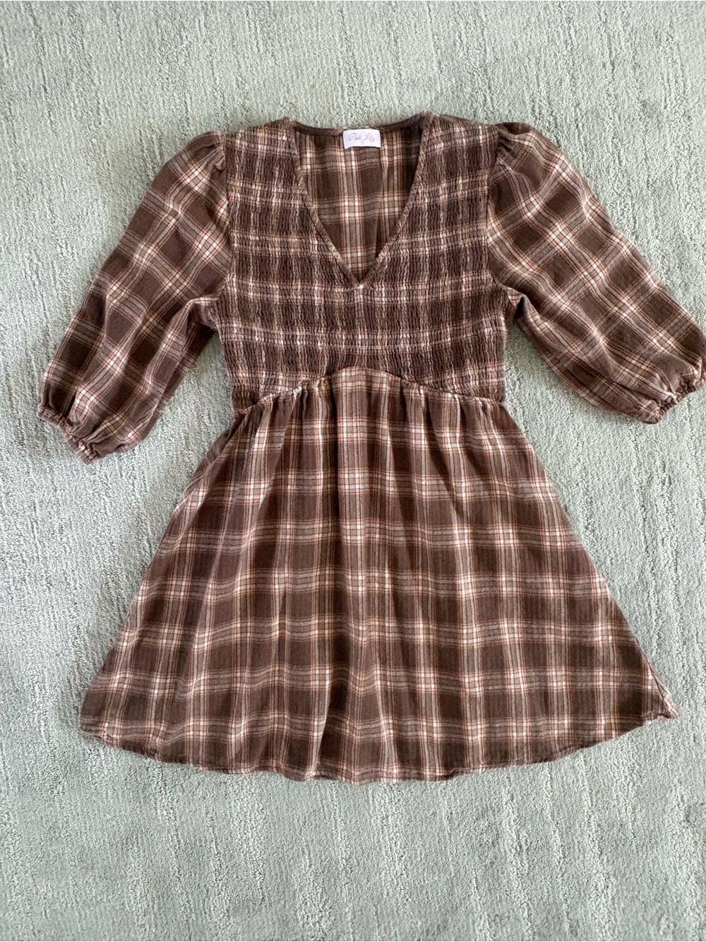 Pink Lily Boho Plaid Smocked Cottagecore Puff Sleeve Fall Mini Dress S